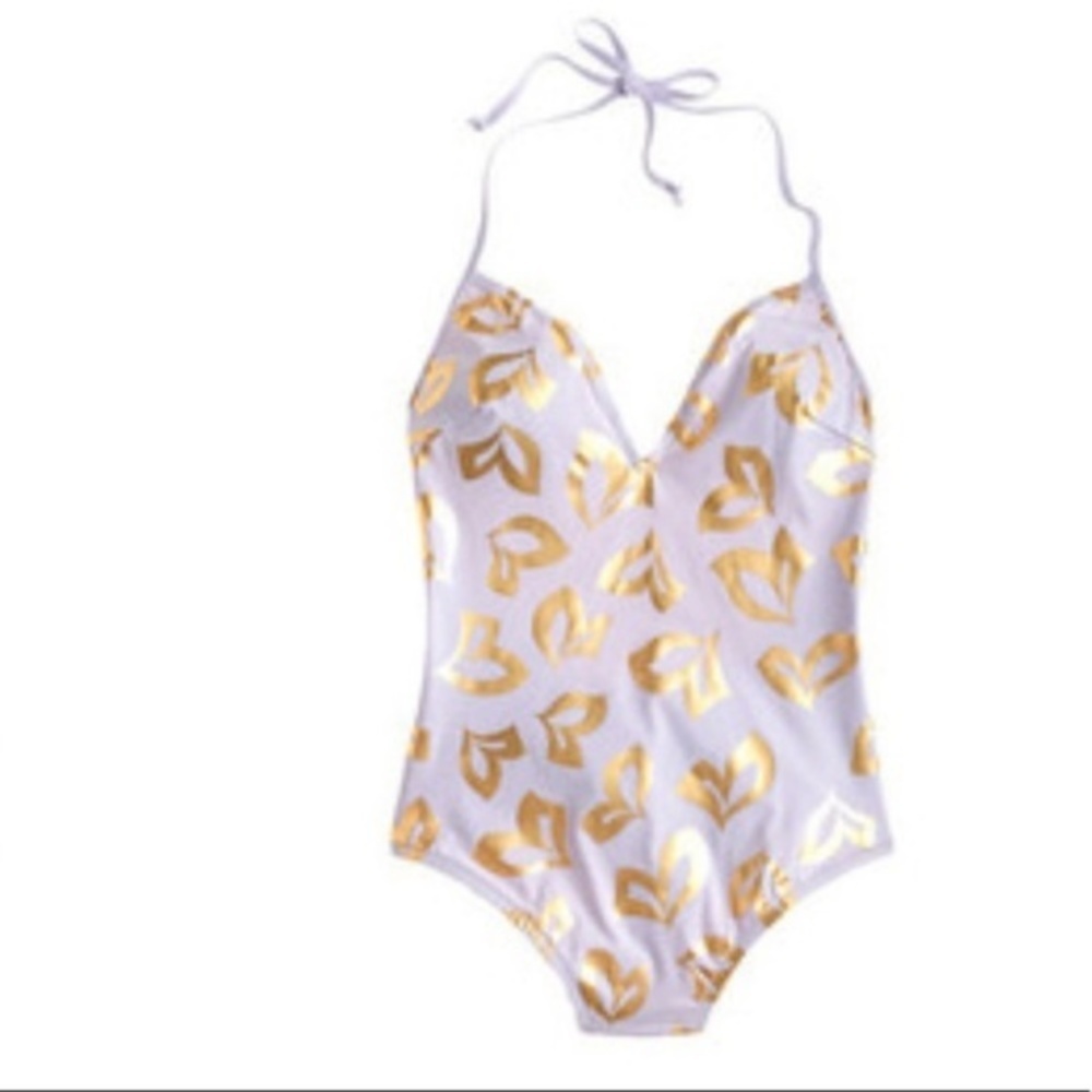 Jcrew purple foil gold lips one piece swimsuit